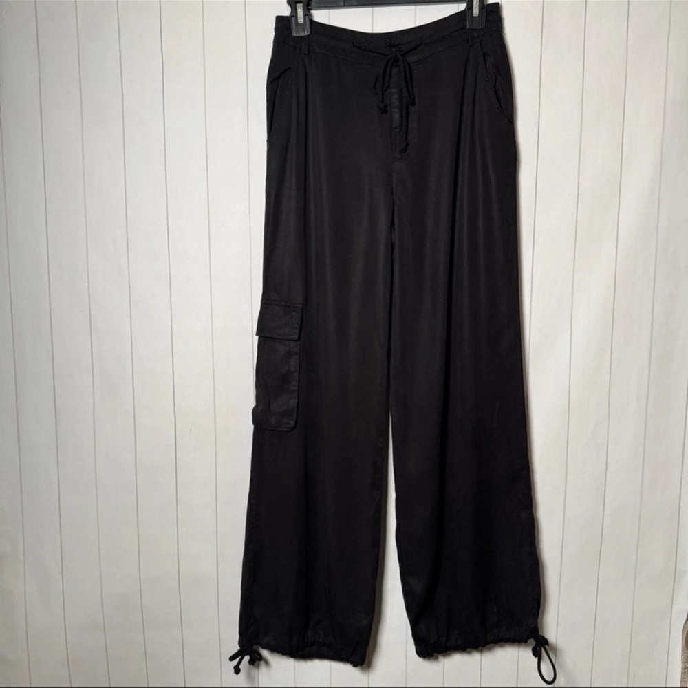 YFB Black Tencel Wide Leg Baggy Cargo Pants High Waisted Hipster Lagenlook XS